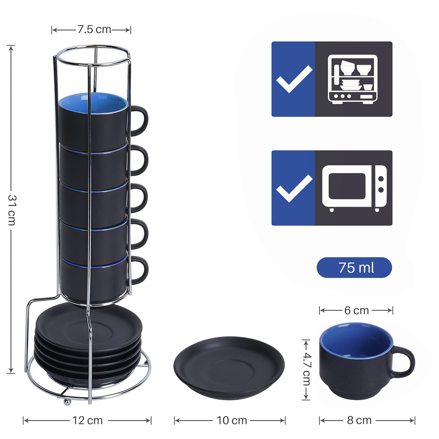 MIAMIO 6 x 75 ml Tazas Cafe Espresso De Cerámica de Gres - Juego De Tazas De Café con Plato - Le Papillon Colección (Azul)