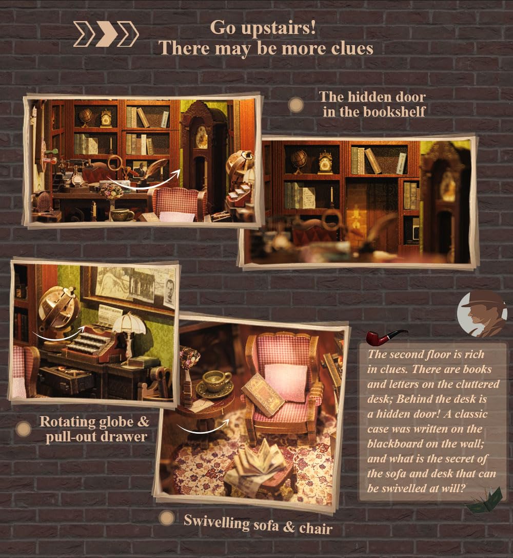 CUTEBEE DIY Book Nook Kit - Casa de muñecas en Miniatura de Madera con Muebles y Luces LED, Decoración de inserción de estantería Creativa(Rose Detective Agency)