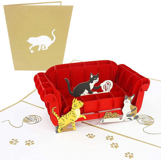 Tarjeta pop-up gatos en sofá – Una sorpresa que maulla