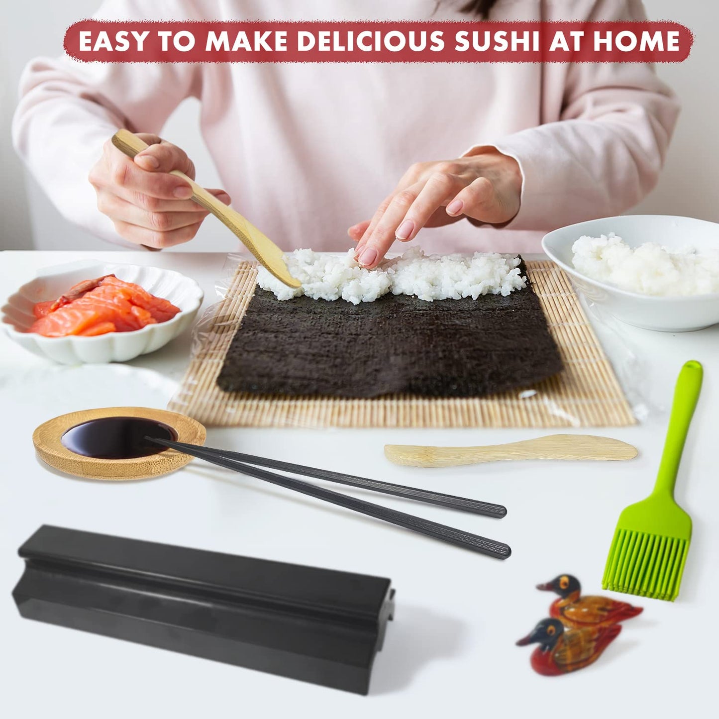 Mlryh Kit para Hacer Sushi, 20 piezas Kit Sushi para Principiantes con Alfombrilla de Sushi,Palillos, Rebanador de Aguacate,Paleta, Esparcidor,Cuchillo,Soporte para Palillos,Platos,Cepillo.