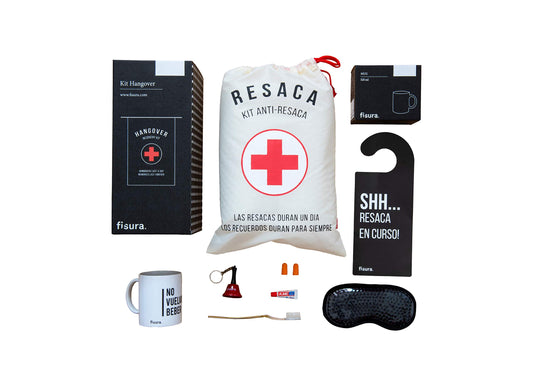 Fisura - Kit de resaca en español. Kit de regalo para bodas, cumpleños y fiestas. Kit de supervivencia unisex. Regalo gracioso para amigos. 8 productos