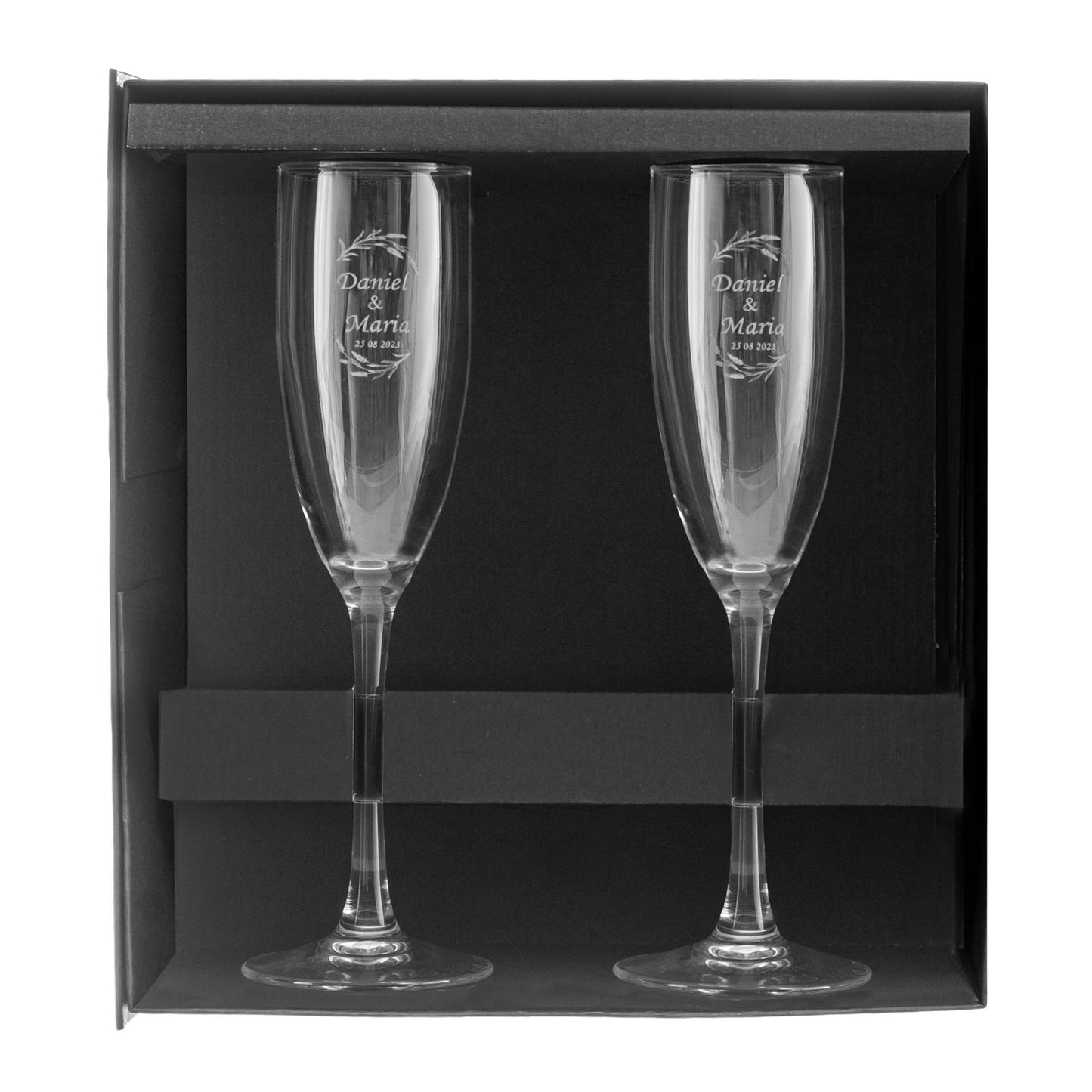 Wanapix | Pack de 2 Copas de Cava Personalizada | Estuche de Regalo Incluido | Copa de Champagne Cristal Grabada a Láser | Boda/Aniversario/San Valentín | 20cl. | Nombres y Fecha