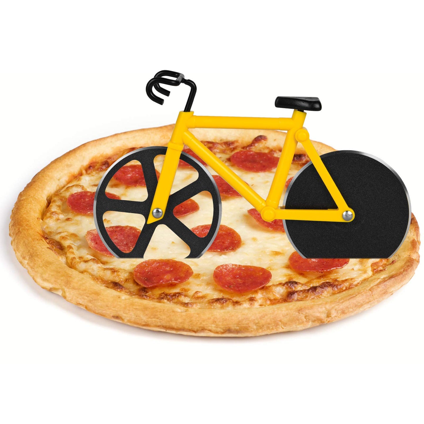 flintronic Corta Pizza Antiadherente, Ruedas Cortadoras De Pizza De Bicicleta, Cortadora de Pizza para Bicicleta con Soporte, Acero Inoxidable Doble, Amarillo