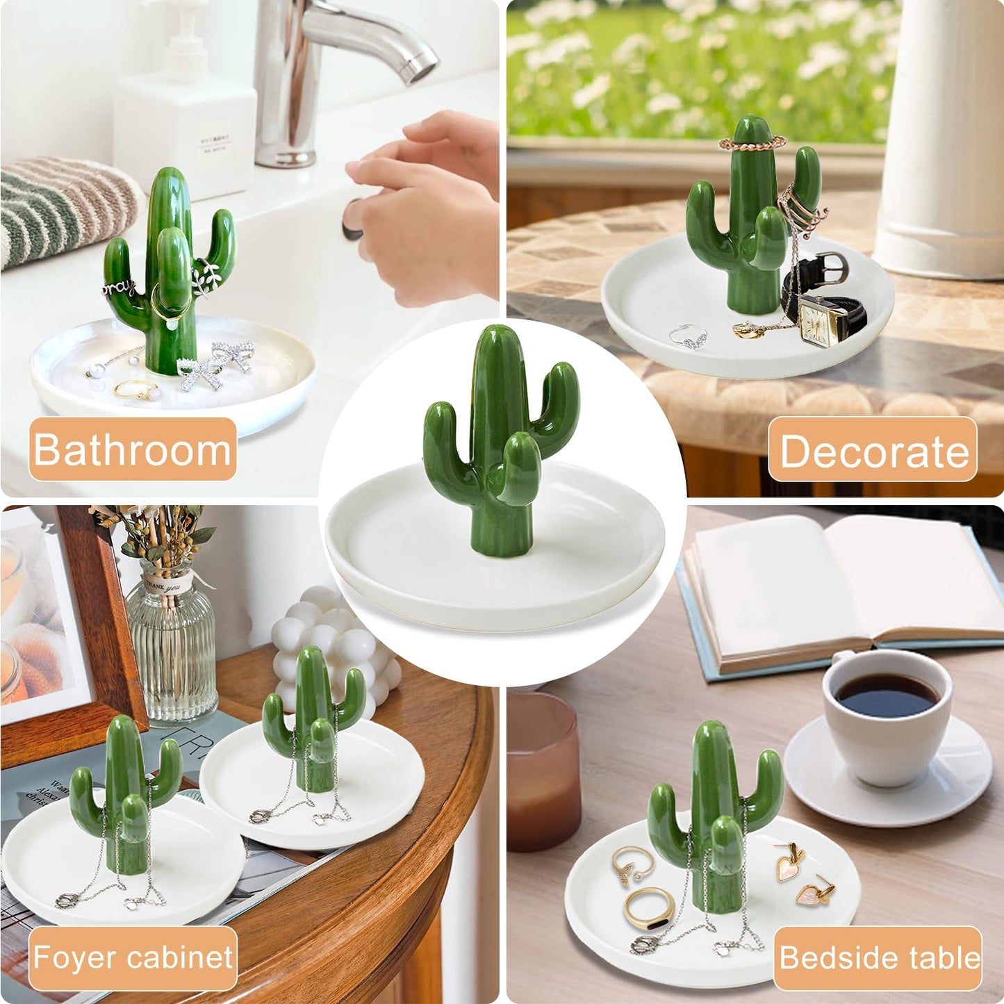 Cactus Plato de soporte de anillo para joyería, Bandeja de cerámica suculenta de joyería Pantalla del organizador para Decoración del hogar y cumpleaños Boda Regalos de inauguración para mamá, Amigos