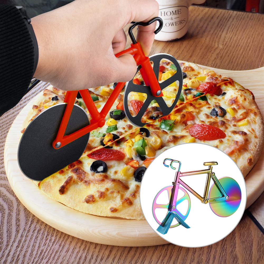TDCQ Corta Pizza Bicicleta,Bicicleta Cortador de Pizza,Cortapizzas Profesional,Pizza Cutter Wheel,Corta Pizza Divertido,Cortapizzas,Cortador de Pizza Acero Inoxidable (Vistoso)