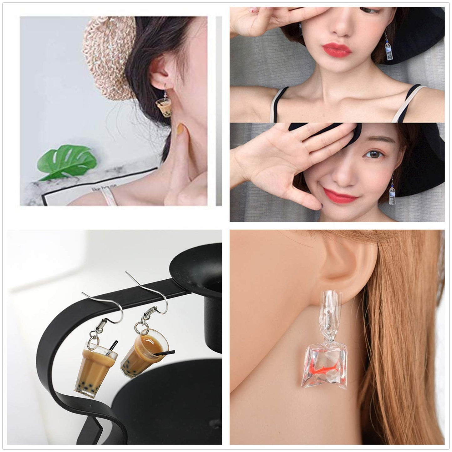 Set 4 pares Pendientes Divertidos – El Mix Kawaii de Goldfish y Bubble Tea