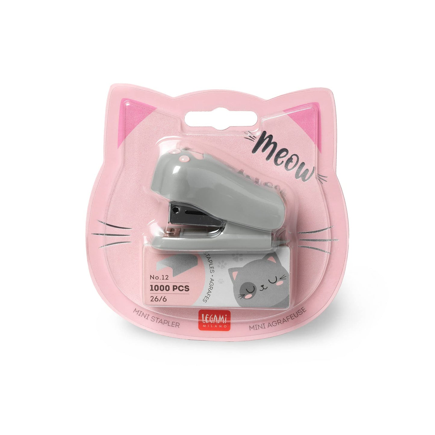Legami - Mini grapadora, Meow, 3,3 x 4,5 cm, de plástico, tema Kitty, sacapuntas incorporado en la parte posterior, 1000 grapas metálicas incluidas