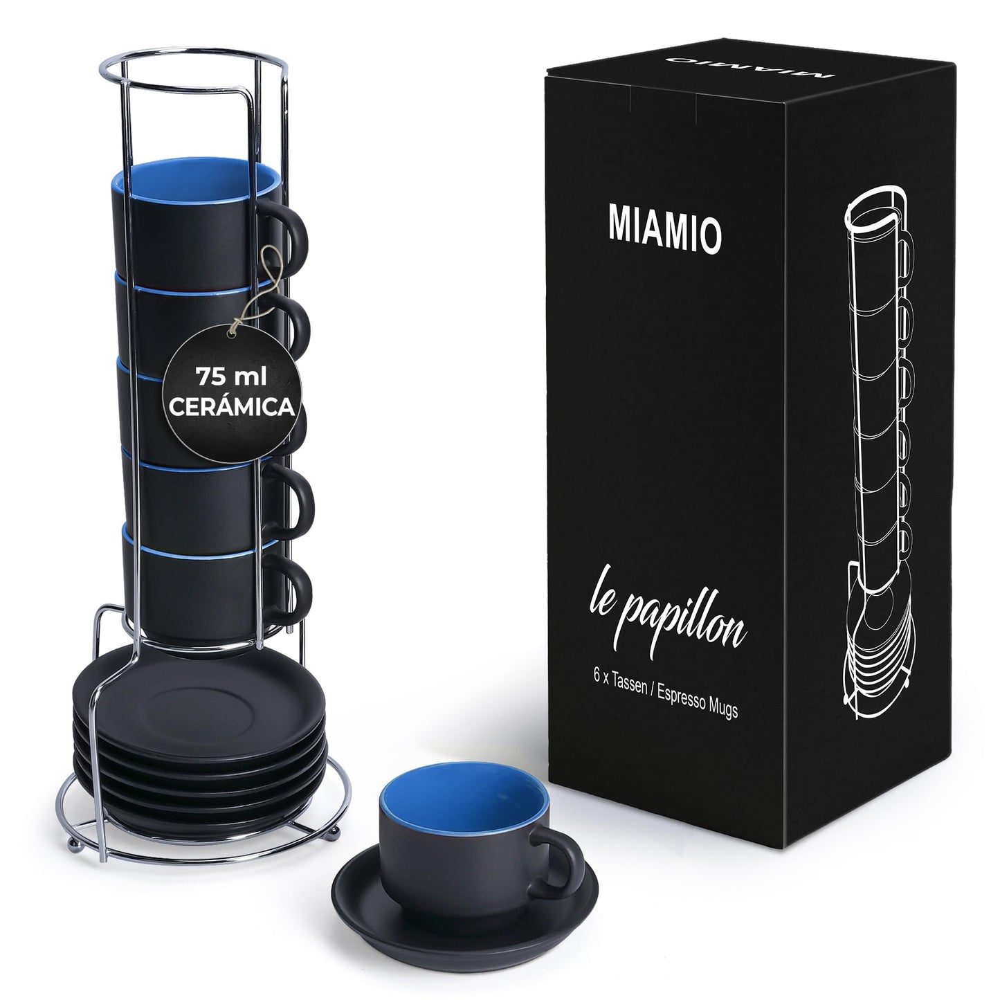 MIAMIO 6 x 75 ml Tazas Cafe Espresso De Cerámica de Gres - Juego De Tazas De Café con Plato - Le Papillon Colección (Azul)