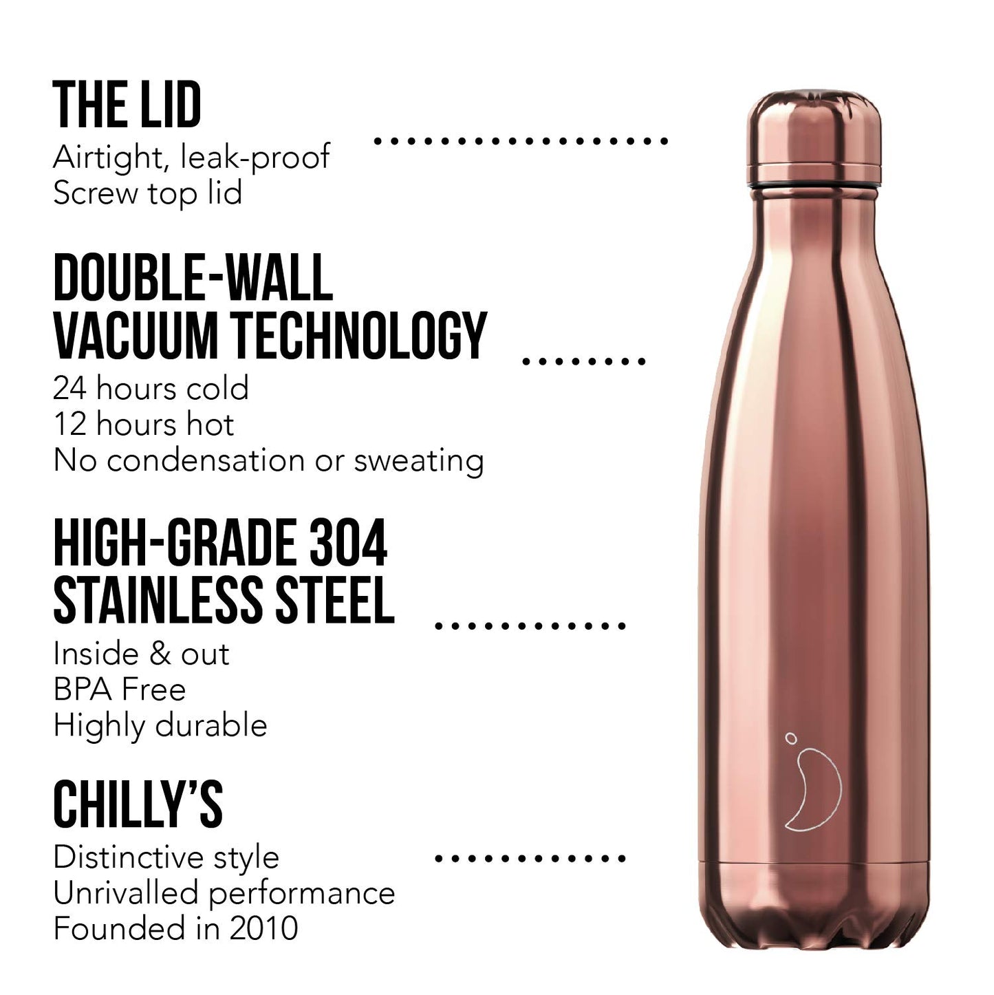 Chilly's Botella De Agua Acero Inoxidable y Reutilizable | Prueba de Fugas, Libre de transpiración | Oro Rosa Cromado | 500ml