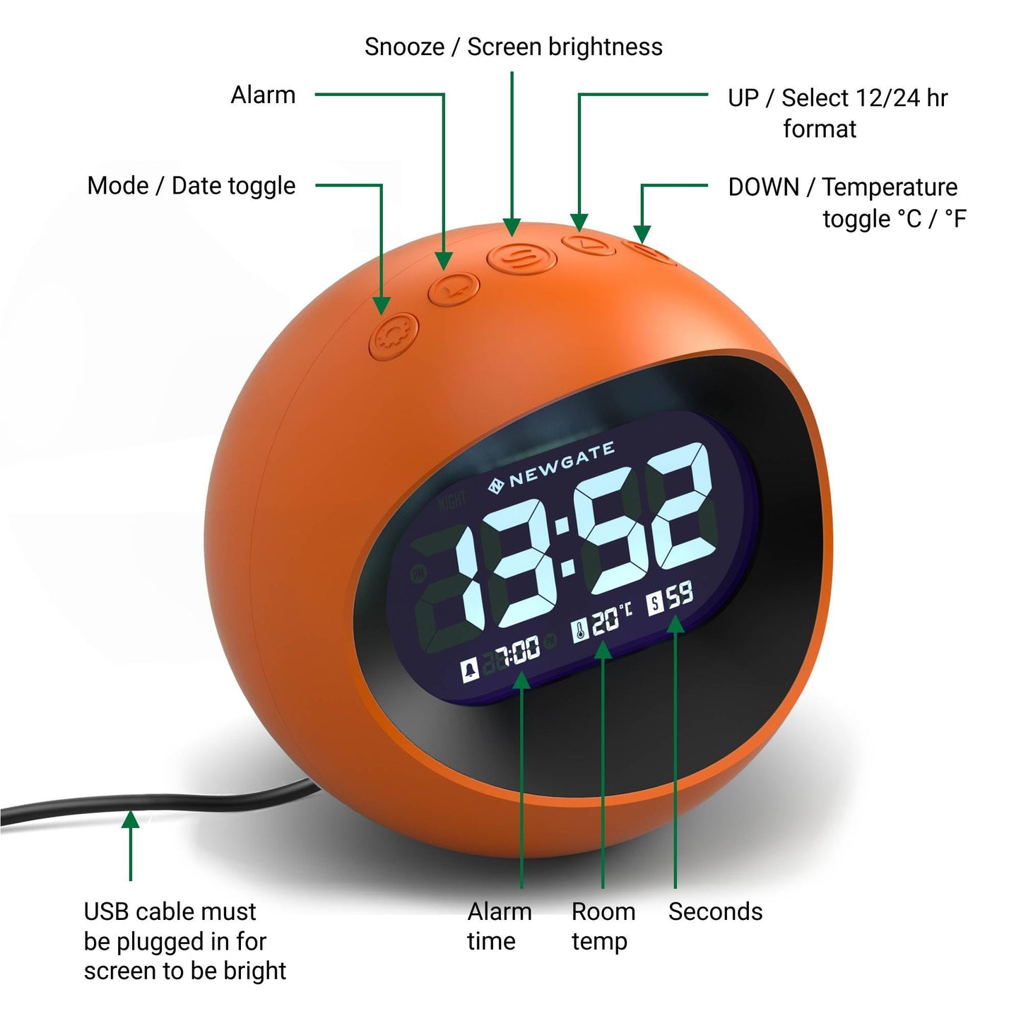 Reloj Despertador Esférico Retro – Futuro Vintage en Naranja