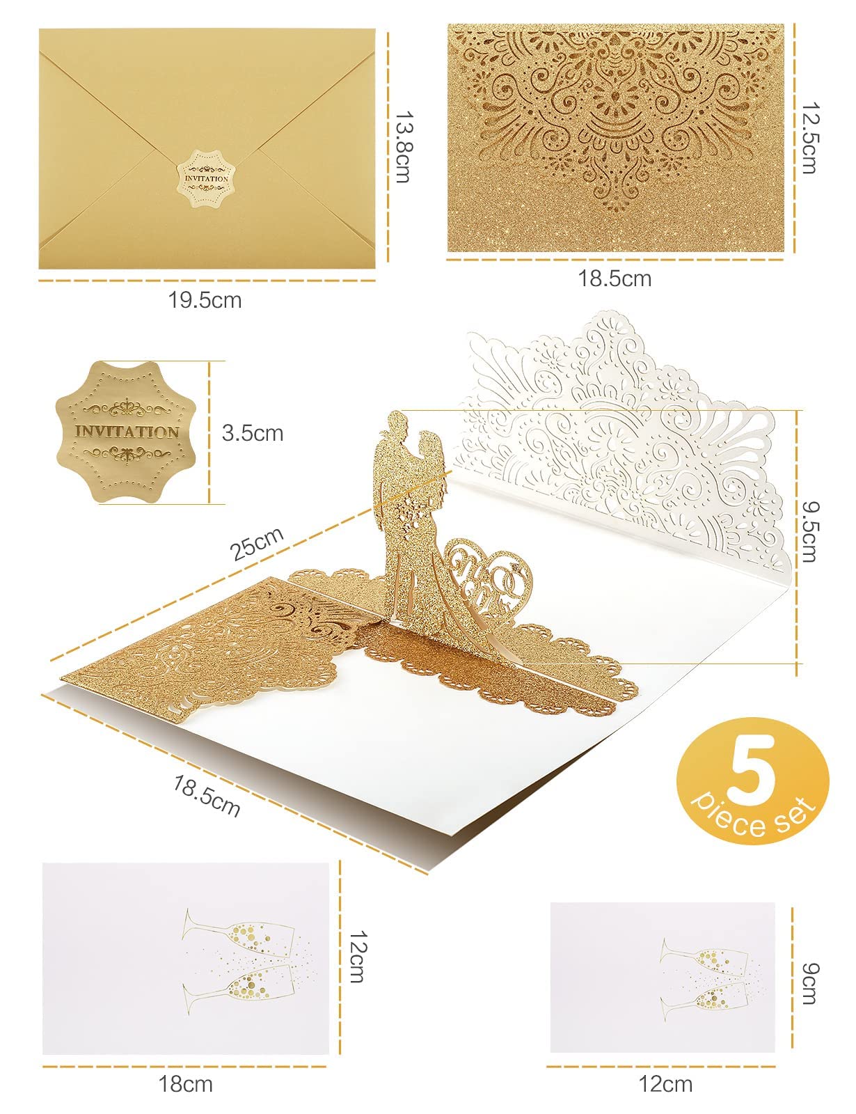 Tarjetas de Felicitación,Tarjeta Felicitacion Bodacon Sobre, Tarjeta de San Valentín Pop Up 3D,Novias, Aniversario, Felicitación de Boda Invitación, Abrazar a los recién casados(Oro)