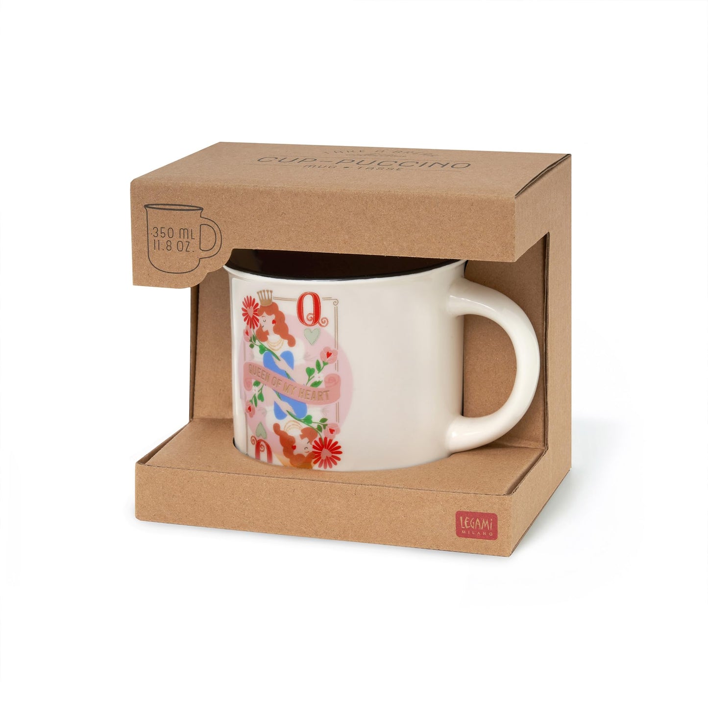 Legami - Taza Cuppuccino de porcelana New Bone China, taza de desayuno, taza de café té lavable en lavavajillas, tema Queen, diámetro 10 cm, capacidad 350 ml