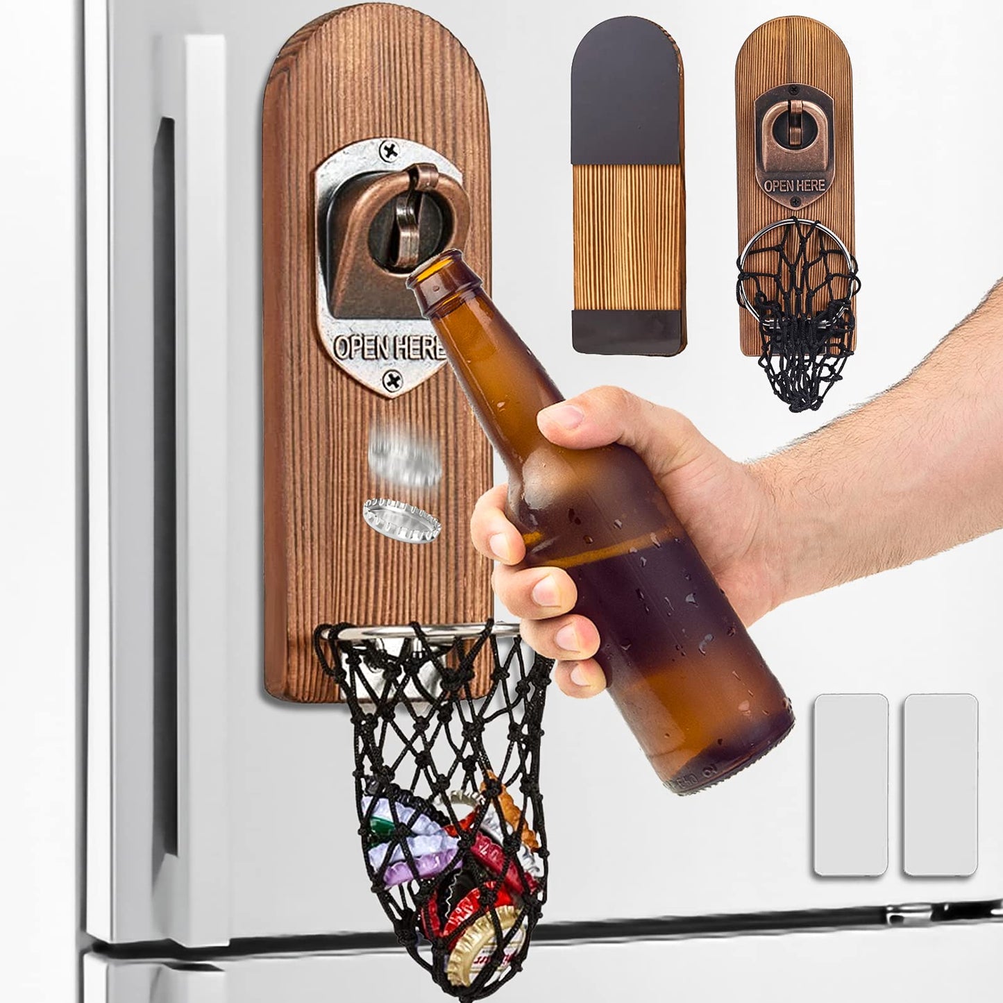 Abridor Cerveza Pared con Imanes Nevera, Abridor Magnético de Madera Retro, Abrebotellas Cerveza con Colector Tapa Botella, Regalos Originales Hombre para Papá, Esposo, Amigos y Colegas (Estilo 3)