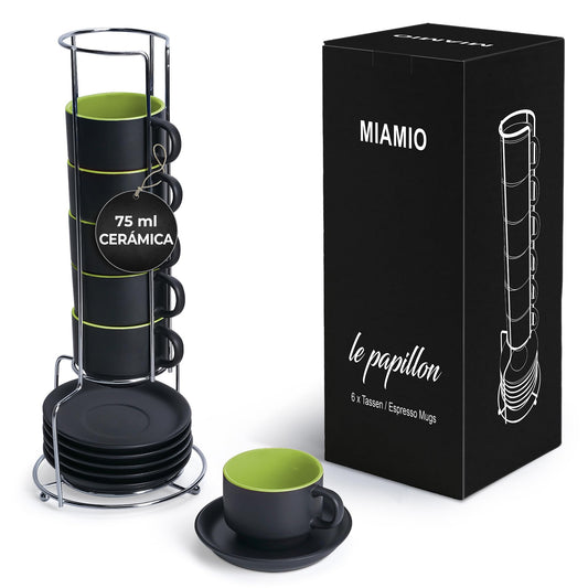 MIAMIO 6 x 75 ml Tazas Cafe Espresso De Cerámica de Gres - Juego De Tazas De Café con Plato - Le Papillon Colección (Verde)