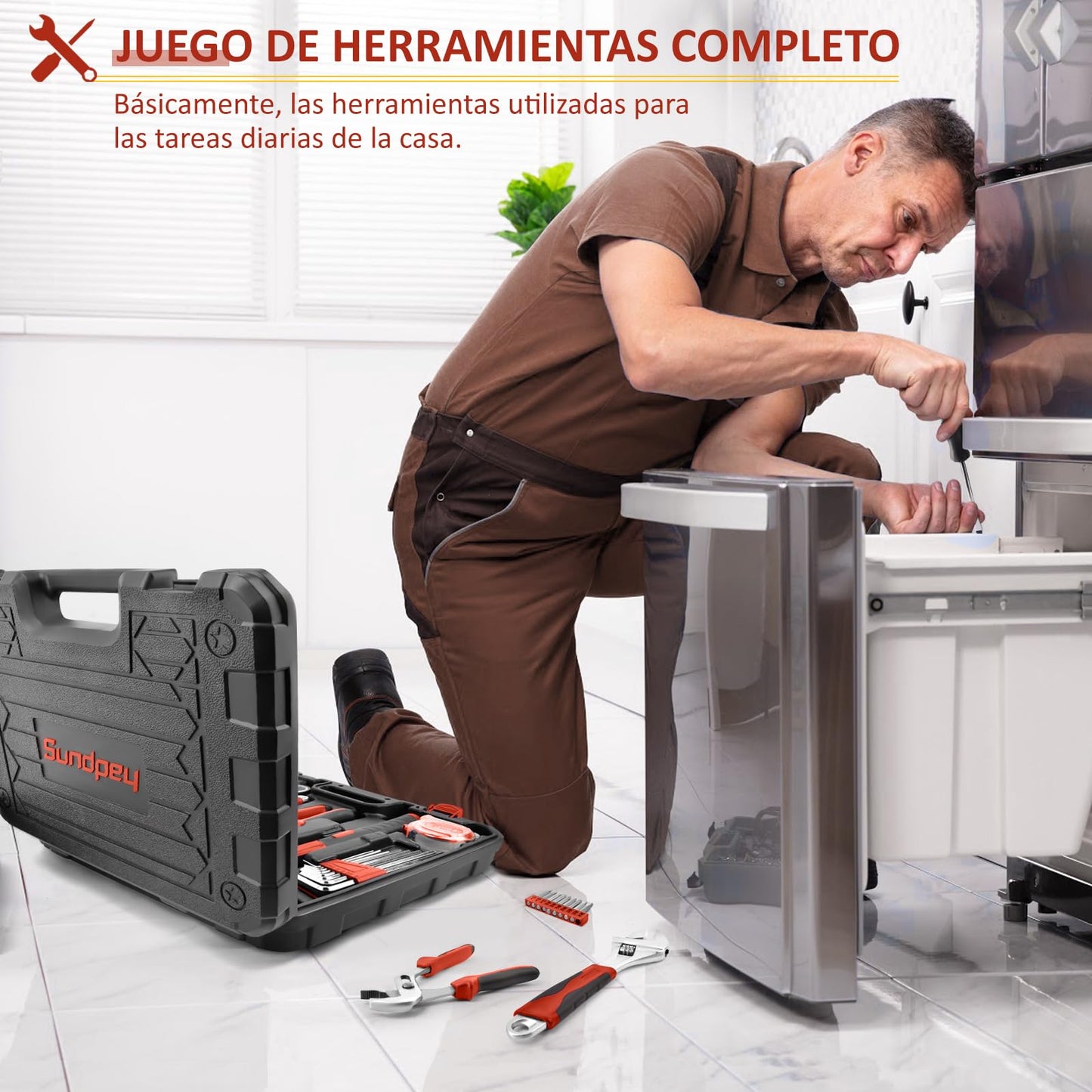 Caja Herramientas Completa 148 Piezas - Juego Herramientas Completa - Kit Herramientas de Mano Sundpey con Juego de Destornilladores Precisión Alicates Cinta Métrica Para Hogar o Garaje Rojo