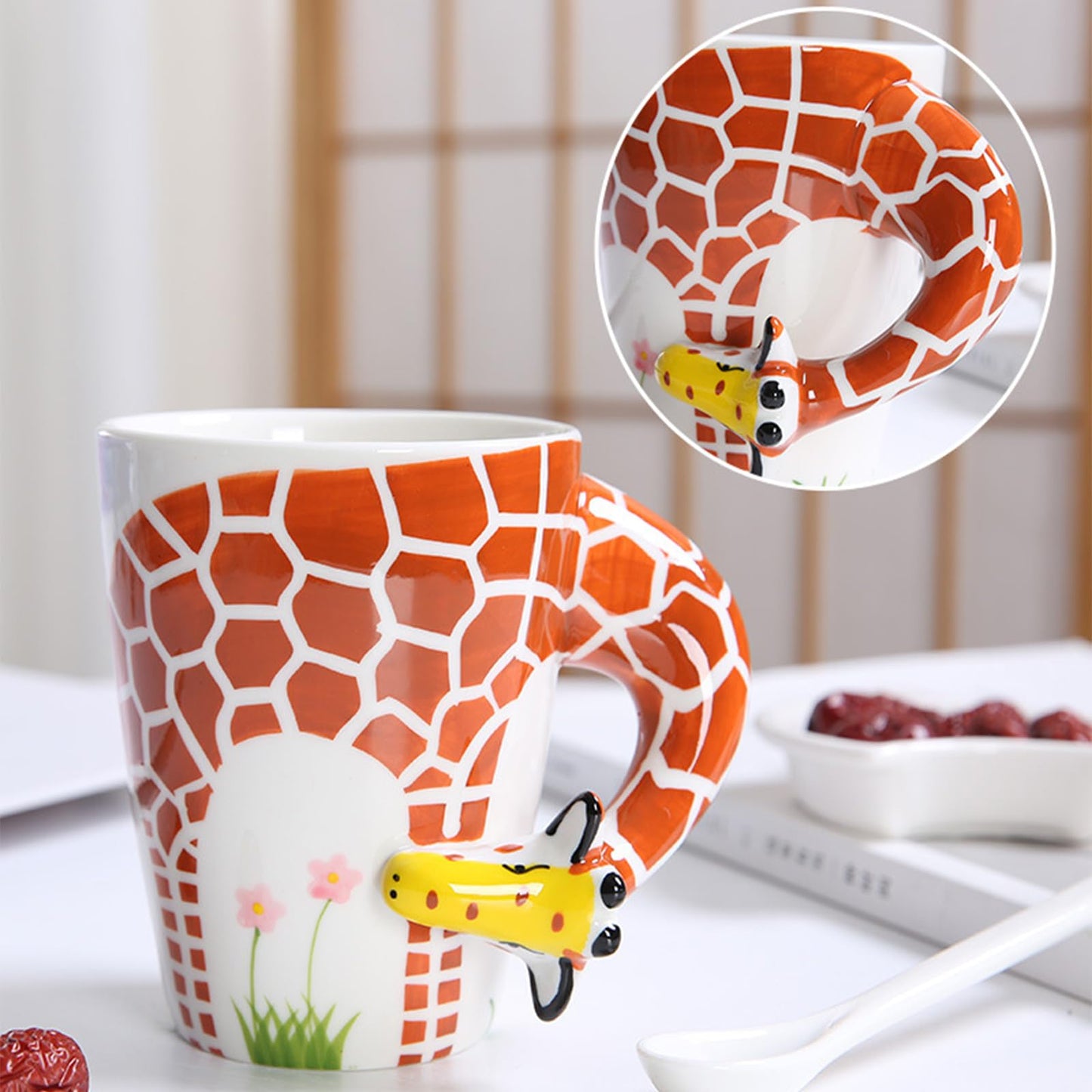 Arawat Divertida taza de café grande con tapa de cerámica, taza de té con cuchara y platillo, 450 ml, taza de café 3D, taza de café divertida, taza de espresso, taza de café, taza de capuchino, regalo