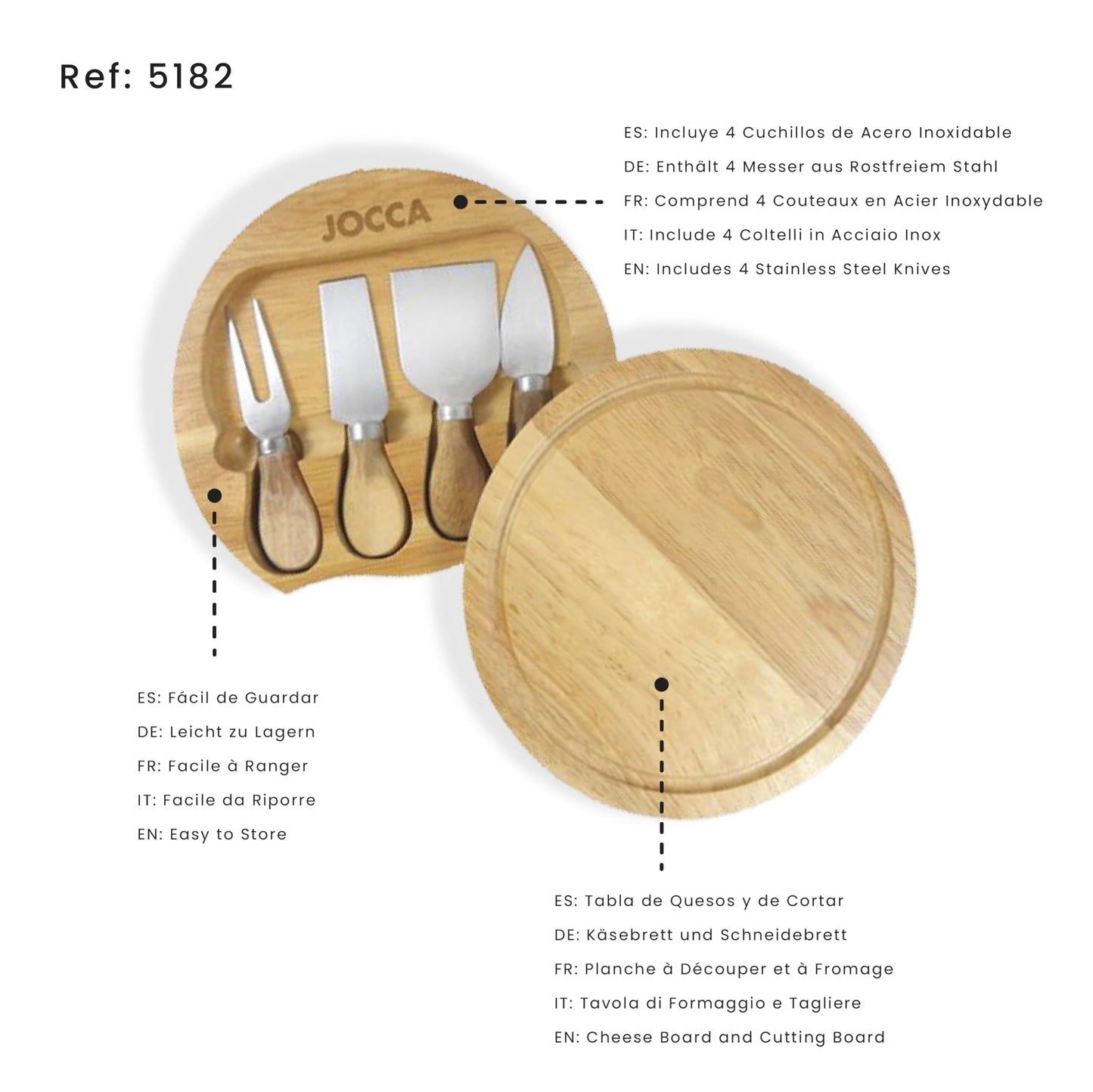 Jocca - Set Tabla de Quesos y Cuchillos | Tabla de Madera Quesos + Cuchillos para queso | 20cm | 4 cuchillos | Acero inoxidable | Ideal para Amigos, Familiares