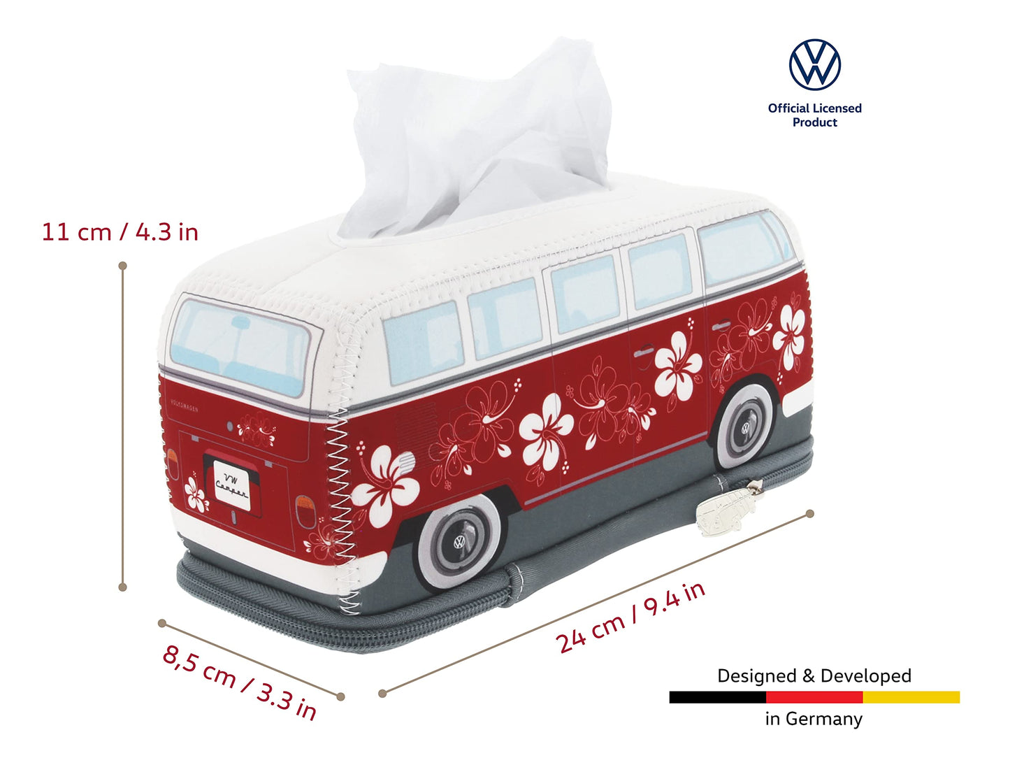 BRISA VW Collection - Dispensador de servilletas cosméticas de Neopreno Volkswagen para pañuelos de Papel en el diseño del T1 Camper Bus (Hibisco/Rojo)