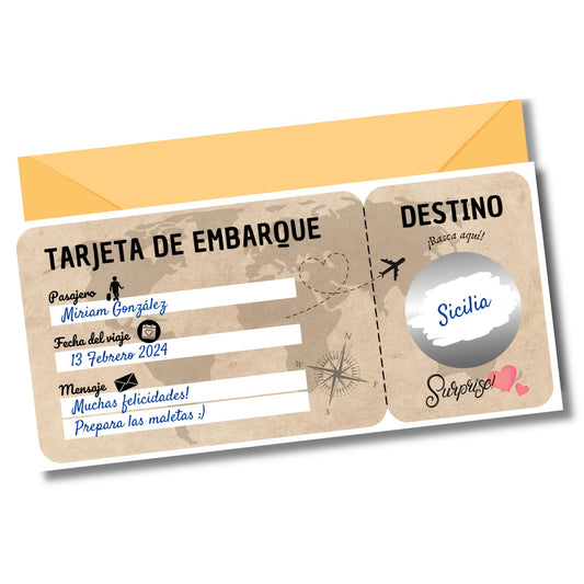 EQUIK PRODUCTS Regalo viaje sorpresa | Tarjeta de rascar | Cheque, Cupón viaje | Regalo pareja romántico para San Valentín | Tarjeta de embarque personalizable