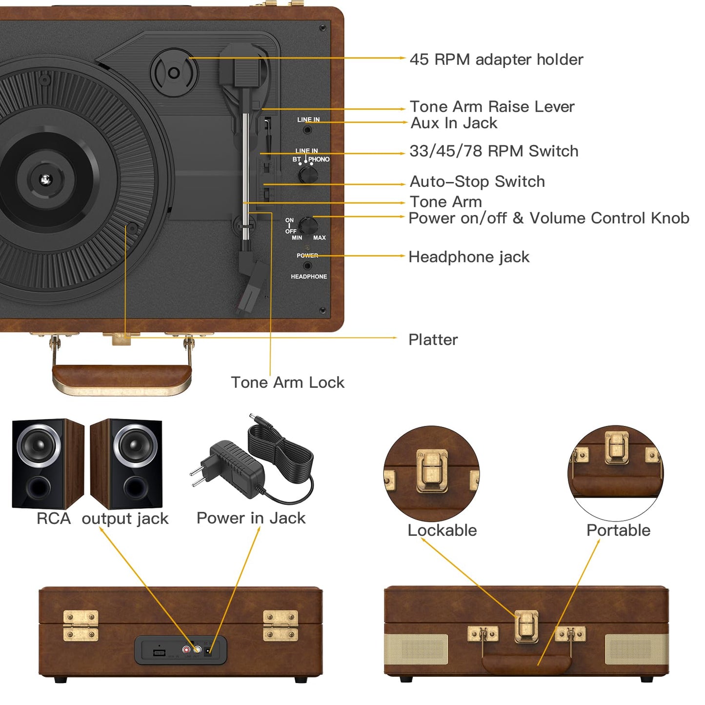 Trynnay Tocadiscos Tocadiscos con Bluetooth de 3 velocidades, Reproductor de Vinilo portátil con Altavoces Integrados, Tocadiscos, Sonido de Audio Mejorado, Piel sintética, Almendra