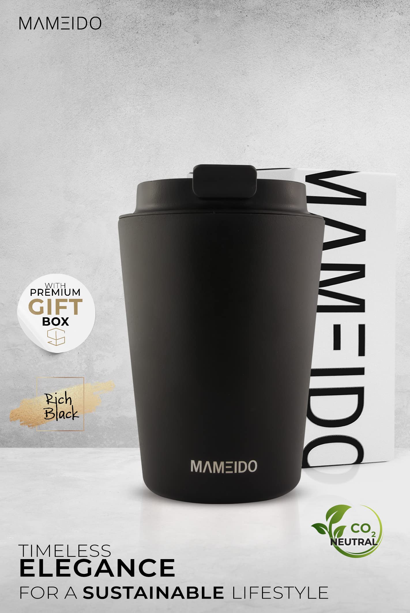 MAMEIDO Termo Cafe 350ml - Vaso Termico Antigoteo, Taza Termica acero inox sin BPA, Vaso Termo Cafe para llevar (Rich Black, 0,35l)