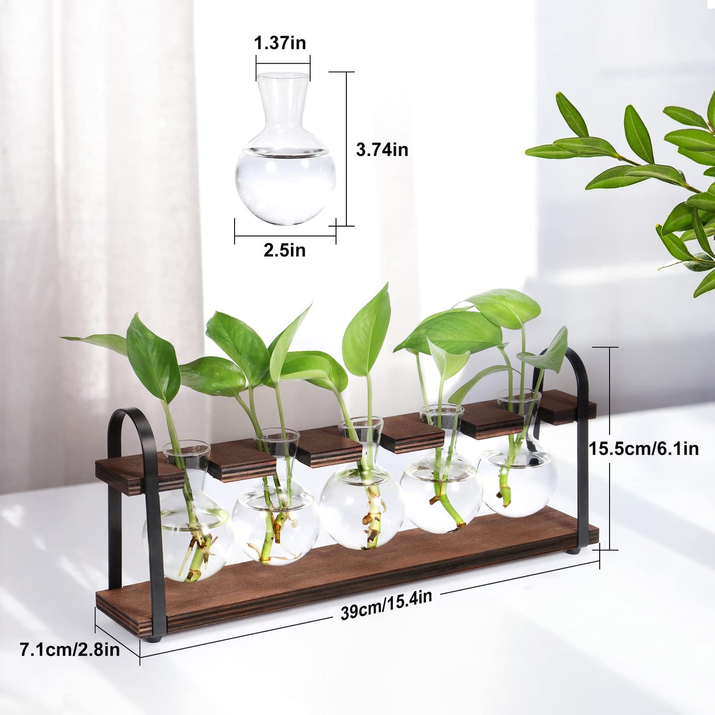 THYGIFTREE Estaciones de propagación de plantas con soporte de madera, jarrón retro de escritorio para flores hidropónicas de interior, maceta de vidrio de mesa, regalos de inauguración de la casa