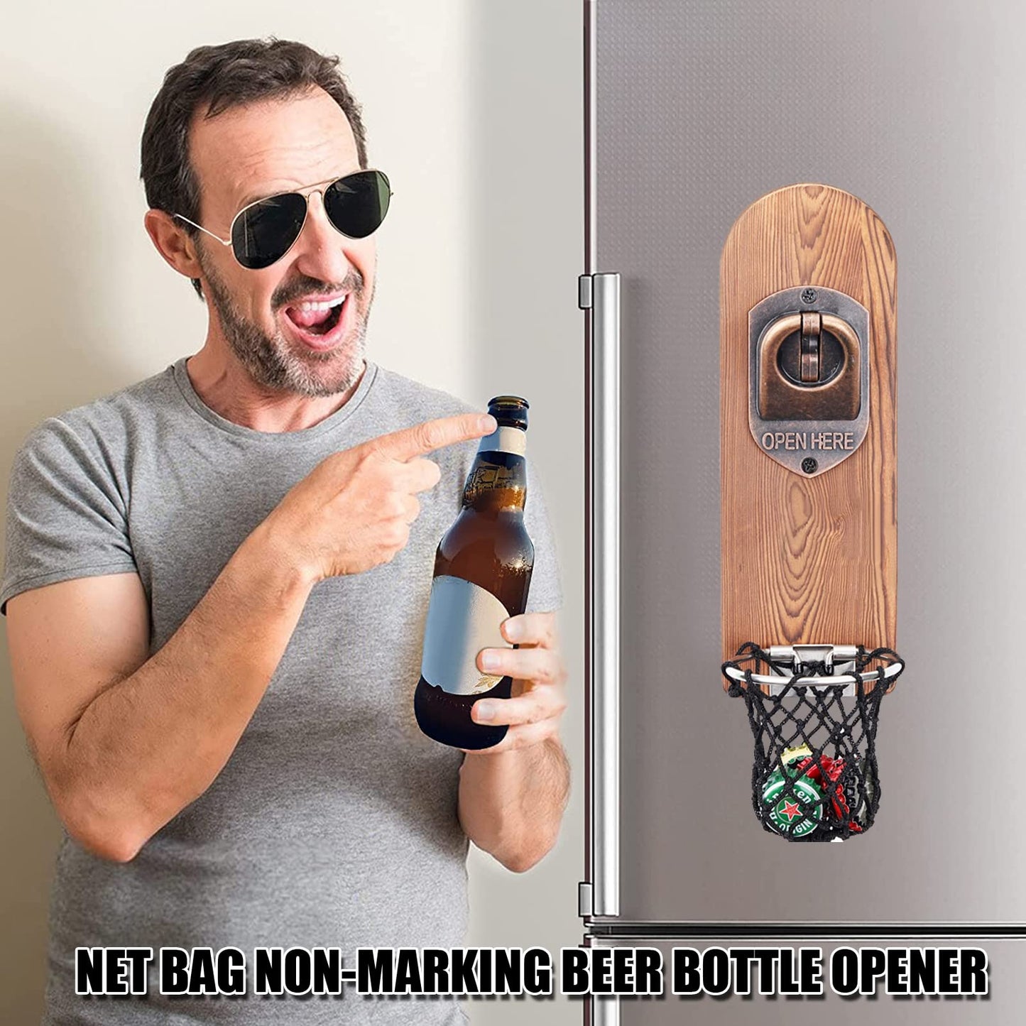 Abridor Cerveza Pared con Imanes Nevera, Abridor Magnético de Madera Retro, Abrebotellas Cerveza con Colector Tapa Botella, Regalos Originales Hombre para Papá, Esposo, Amigos y Colegas (Estilo 3)