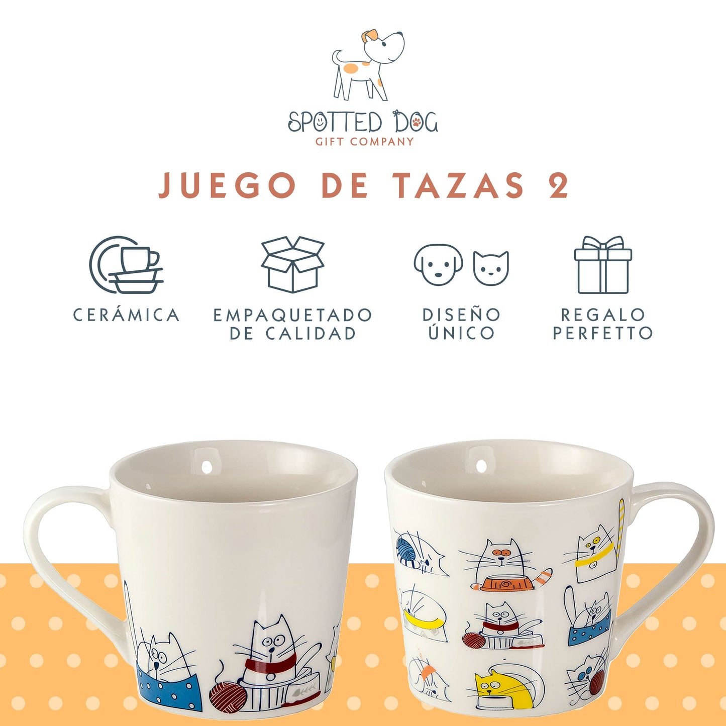 SPOTTED DOG GIFT COMPANY Tazas de Café, Juego de 2 Tazas Desayuno, Tazas de Gato, Taza de Cerámica para Té y Café, Regalo para Amante de los Gatos, 380ml/13oz