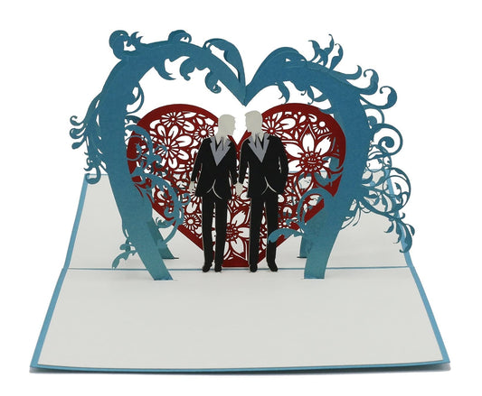 Pareja de boda del mismo sexo, matrimonio, boda de homosexual, hombre y mujer, Mr. Mr, gay wedding, tarjeta de boda, tarjeta plegable 3D, tarjeta de f...