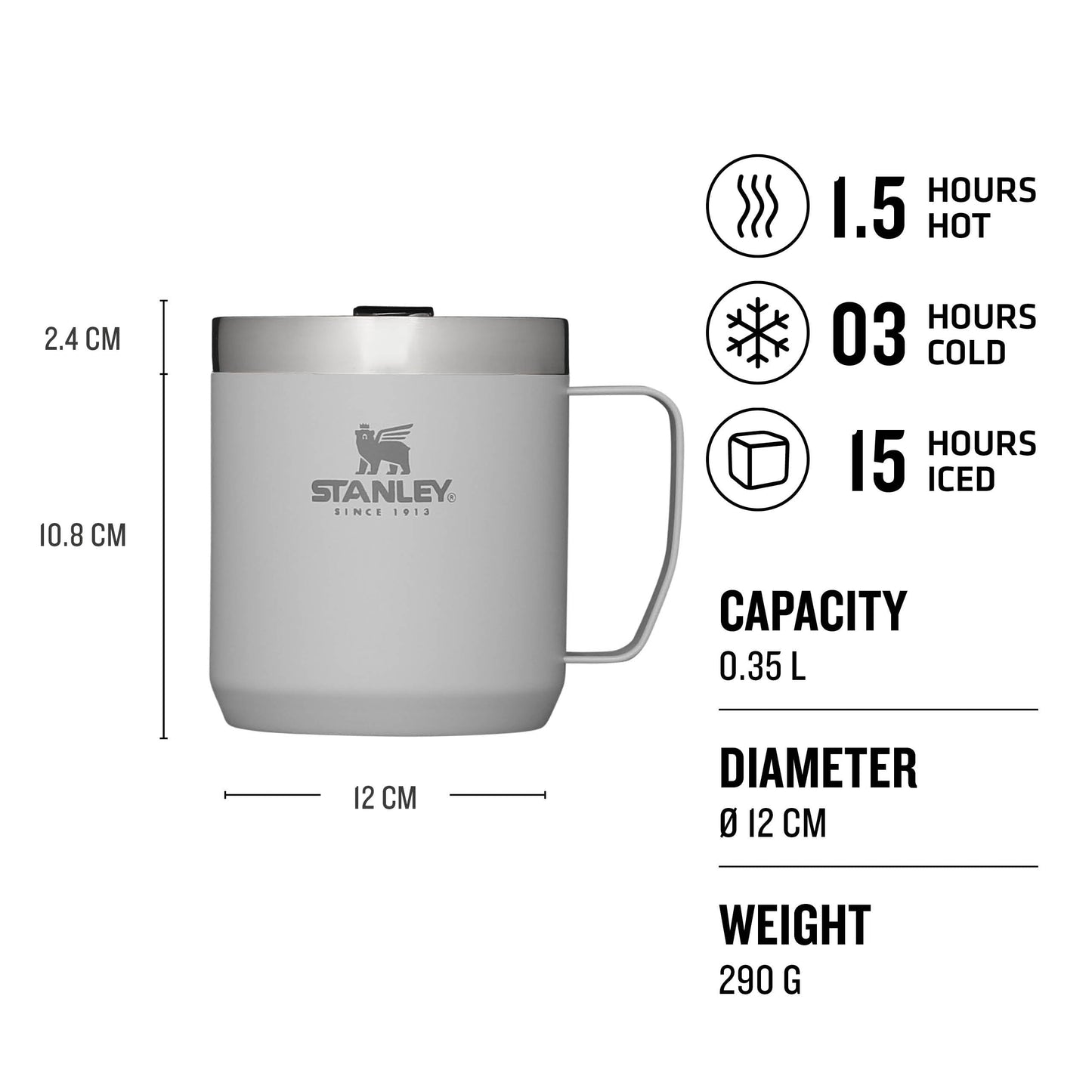 Stanley Classic Legendary Camp Mug Termo Café 0.35L Ash - Aislamiento al Vacío de Doble Pared - Vaso Termico Café de Acero Inoxidable - Taza Café Sin BPA - Apta Para Lavavajillas