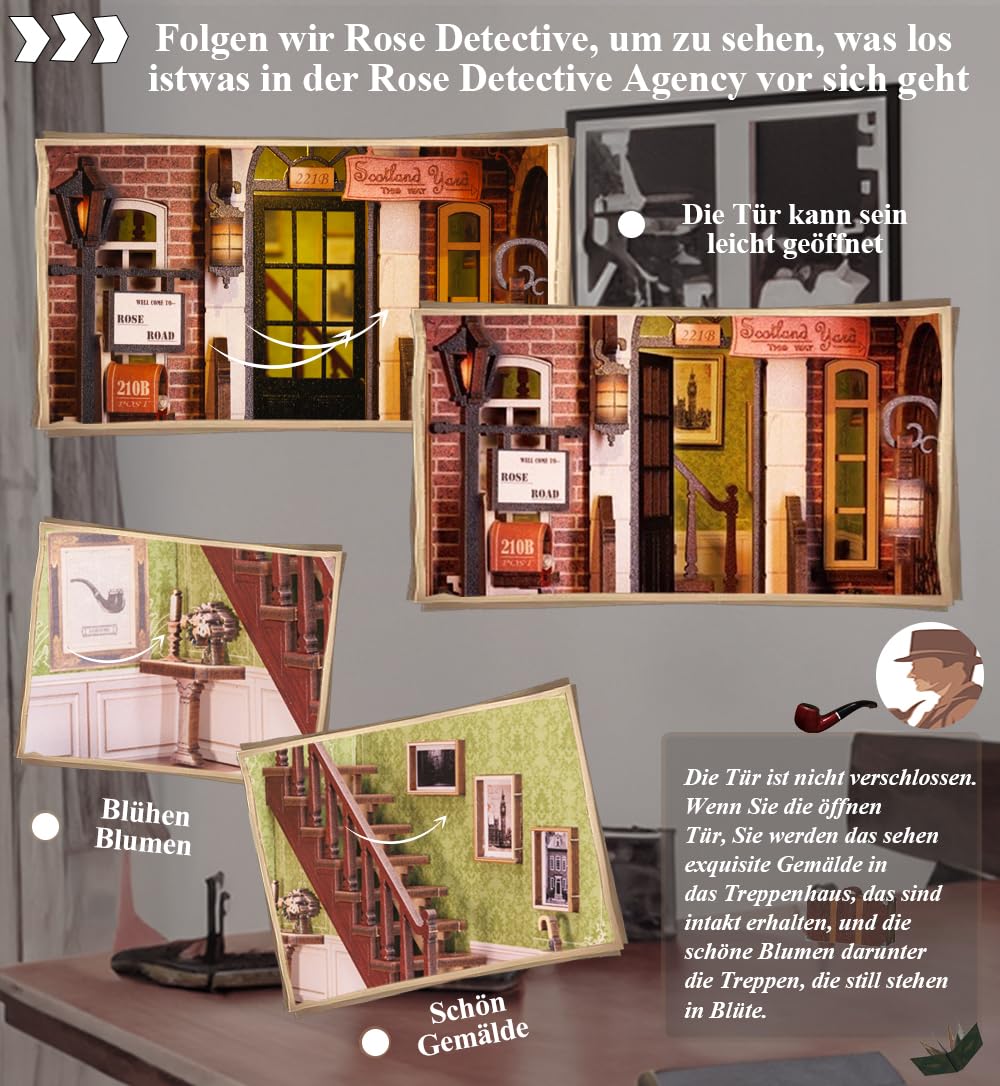 CUTEBEE DIY Book Nook Kit - Casa de muñecas en Miniatura de Madera con Muebles y Luces LED, Decoración de inserción de estantería Creativa(Rose Detective Agency)