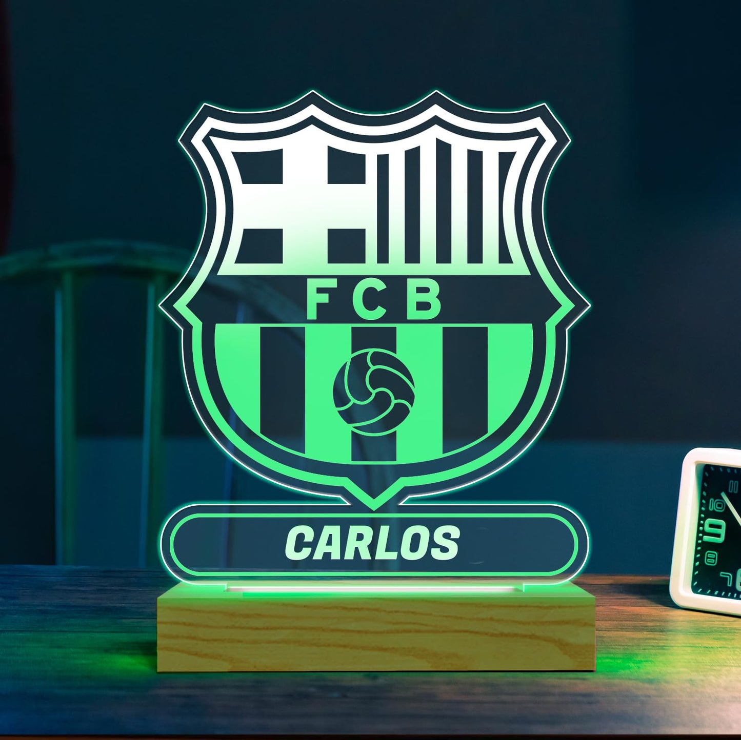 Transparent Gift Lámpara Personalizada Equipos Fútbol. Regalos Originales Cumpleaños Infantiles.Regalos para Hombres, Día del Padre. Diseño Escudo FCB de Metacrilato y Madera