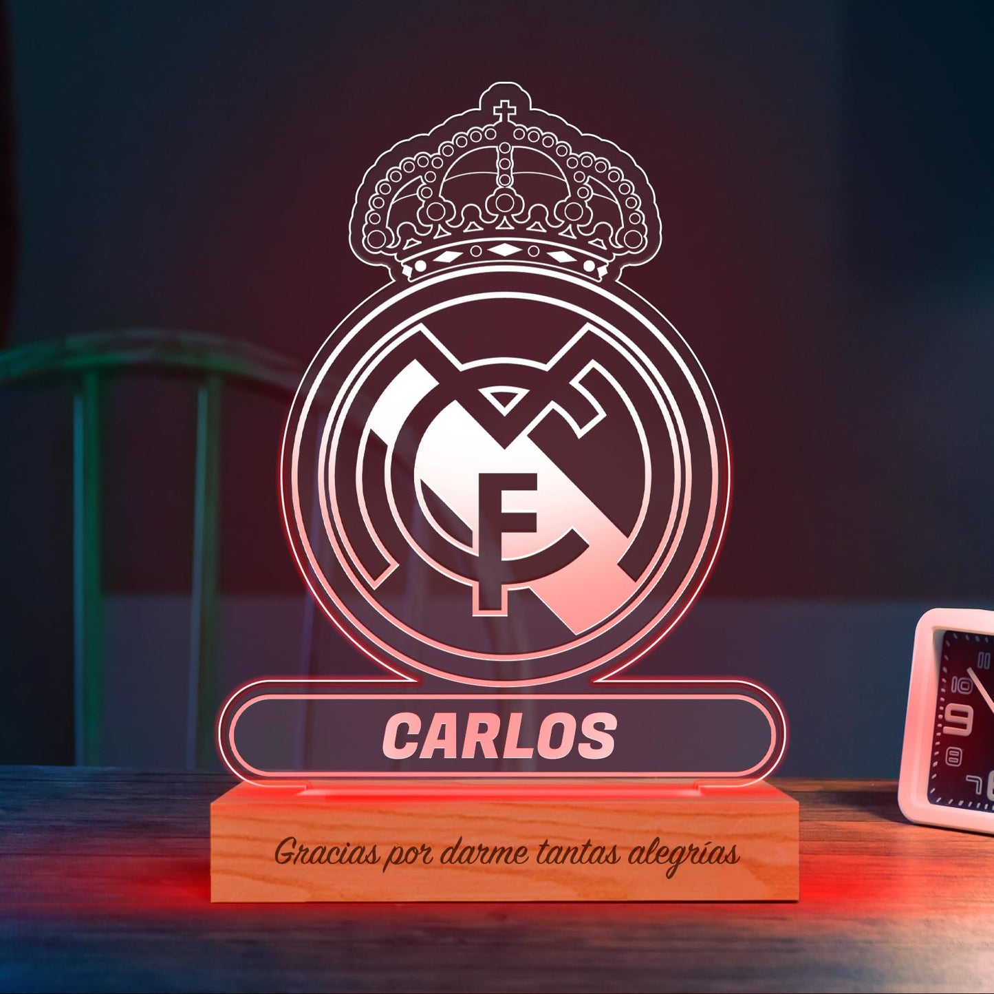 Transparent Gift Lámpara Personalizada Equipos Fútbol. Regalos Originales Cumpleaños Infantiles.Regalos para Hombres, Día del Padre. Diseño Escudo Real Madrid de Metacrilato y Madera