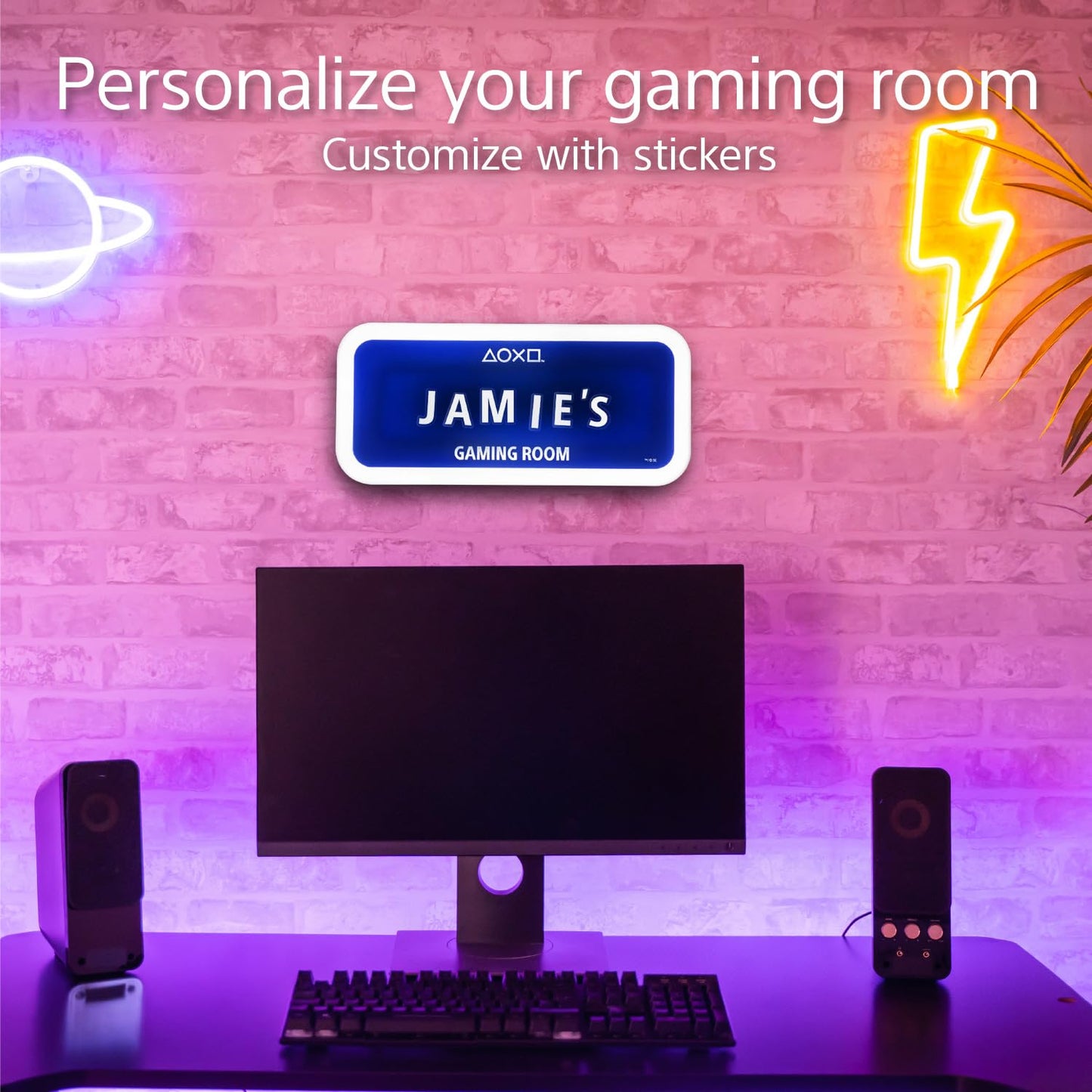 Paladone Cartel luminoso PlayStation - Producto oficial, decoración personalizable para sala de juegos, incluye stickers, luz LED alimentada por 3xAAA baterías