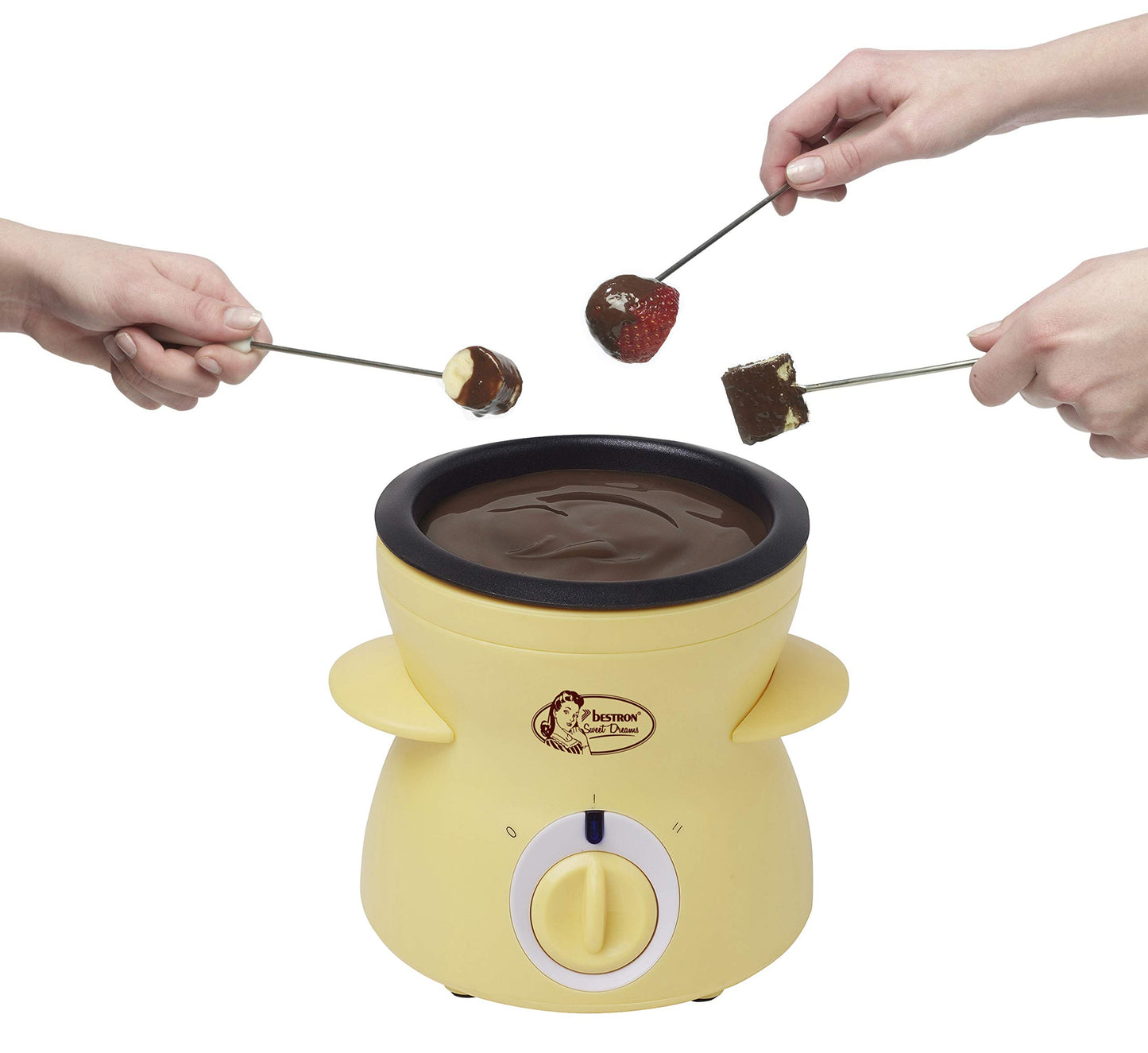 Bestron Fondue de chocolate para 2 personas, mini set de fondue de chocolate, incl. 10xskewers, 10xforks y 1xspatula, 25Watt, Color: Amarillo