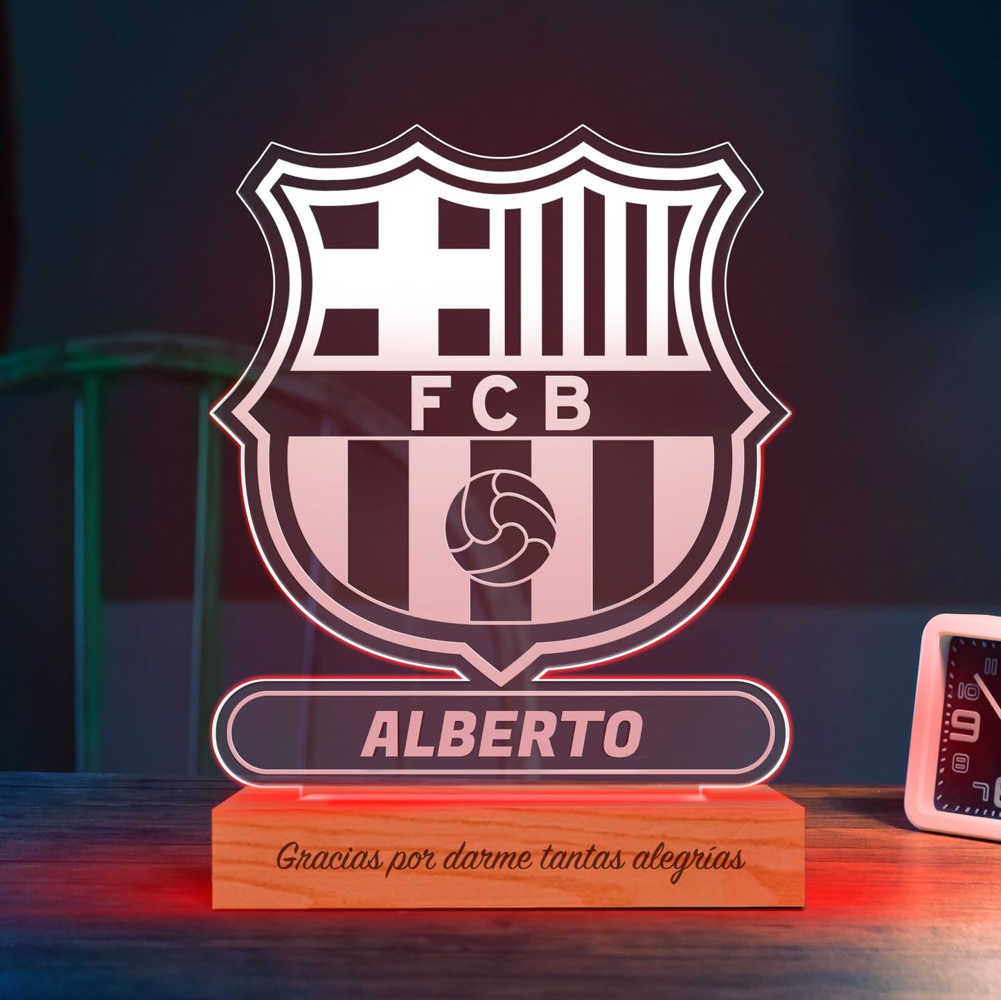 Transparent Gift Lámpara Personalizada Equipos Fútbol. Regalos Originales Cumpleaños Infantiles.Regalos para Hombres, Día del Padre. Diseño Escudo FCB de Metacrilato y Madera