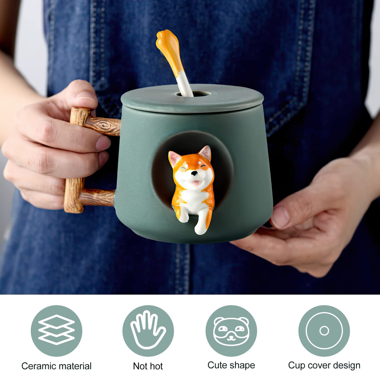 Nizirioo Taza café dulce Shiba Inu Taza café 420 ml Taza té de cerámica con tapa y cuchara Perros Cerámica Tazas café Lindo Corgi Dog Tazas café Taza de cerámica para amantes de los perros