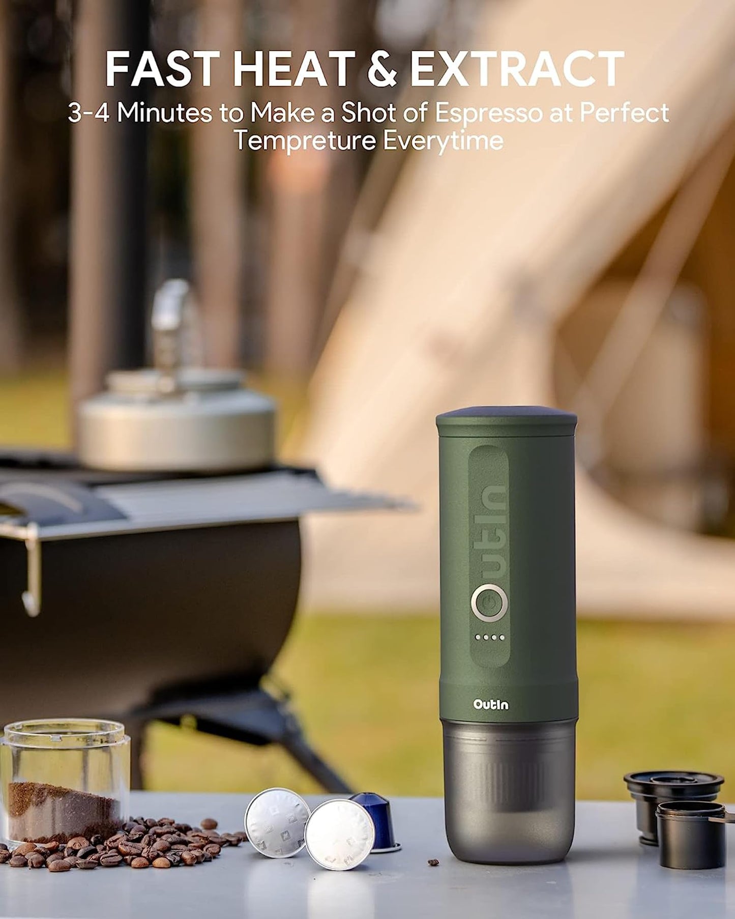 Outin Nano máquina de espresso portátil con batería automática de 3 a 4 minutos, compatible con cápsulas NS y café molido para acampar (gris espacial)