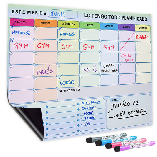 Planificador mensual magnetico - A3 - Calendario magnetico nevera - Pizarra magnetica nevera - 4 marcadores de color - Lista de la compra - Notas - En español