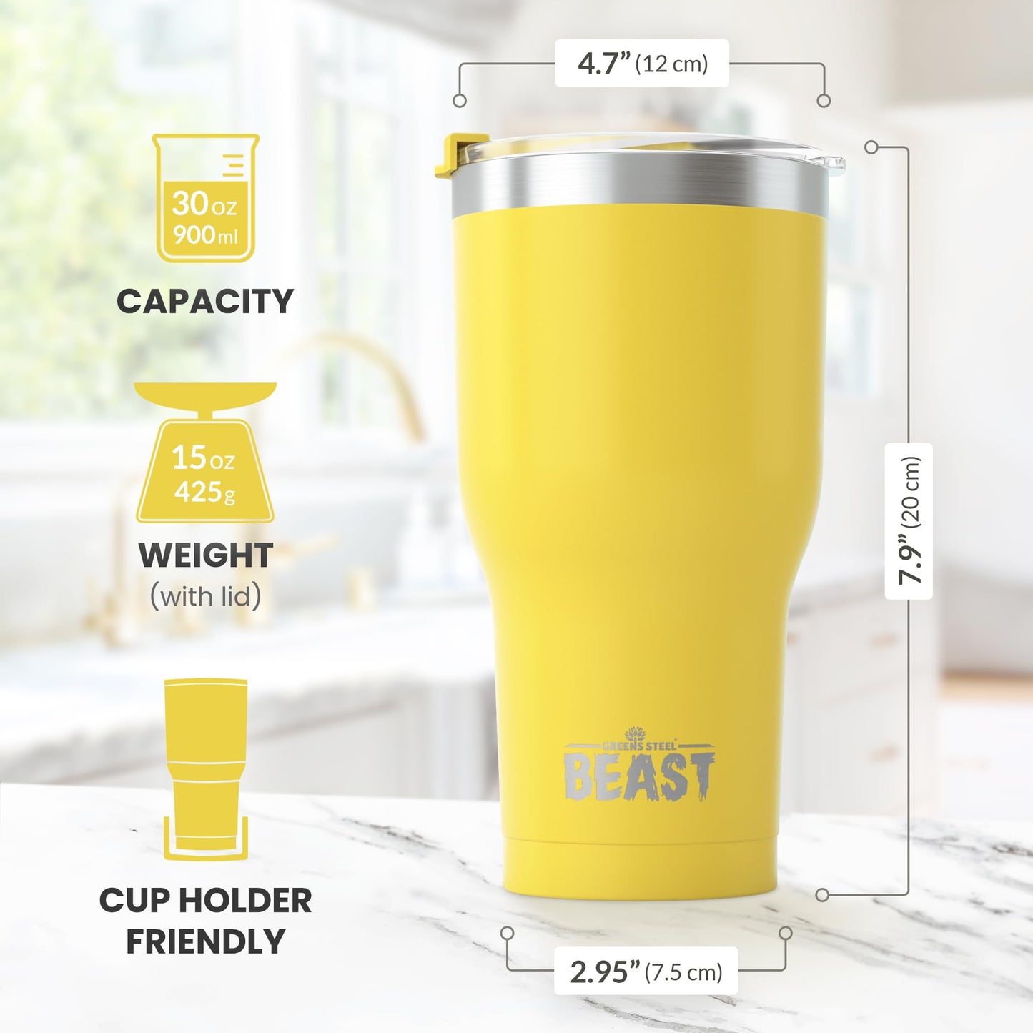 BEAST Termo Café para Llevar - 900ml I Limón I Taza Térmica de Acero Inoxidable Reusable I Taza Viajera de Doble Pared al Vacío I 2 Pajitas y Cepillo de Limpieza I para Café Frío o Caliente