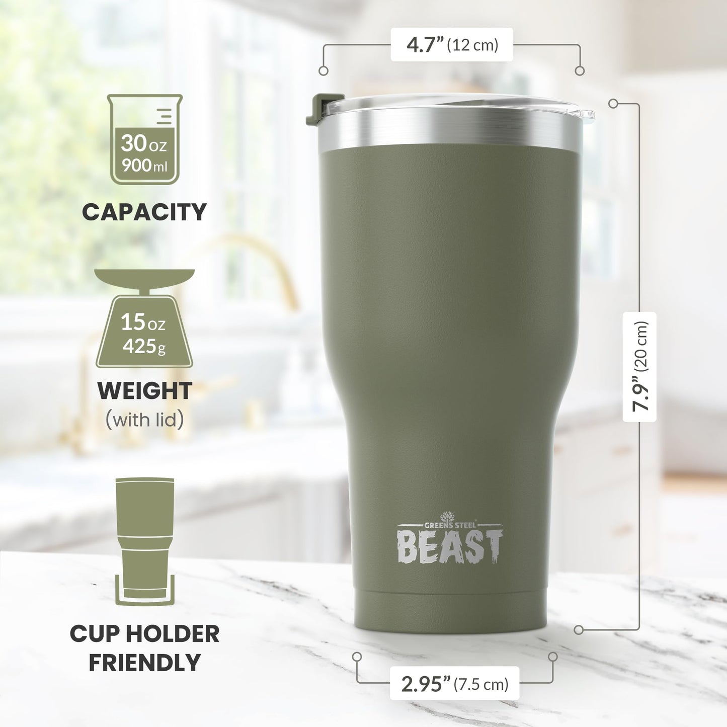 BEAST Termo Café para Llevar - 900ml I Verde militar I Taza Térmica de Acero Inoxidable Reusable I Taza Viajera de Doble Pared al Vacío I 2 Pajitas y Cepillo de Limpieza I para Café Frío o Caliente