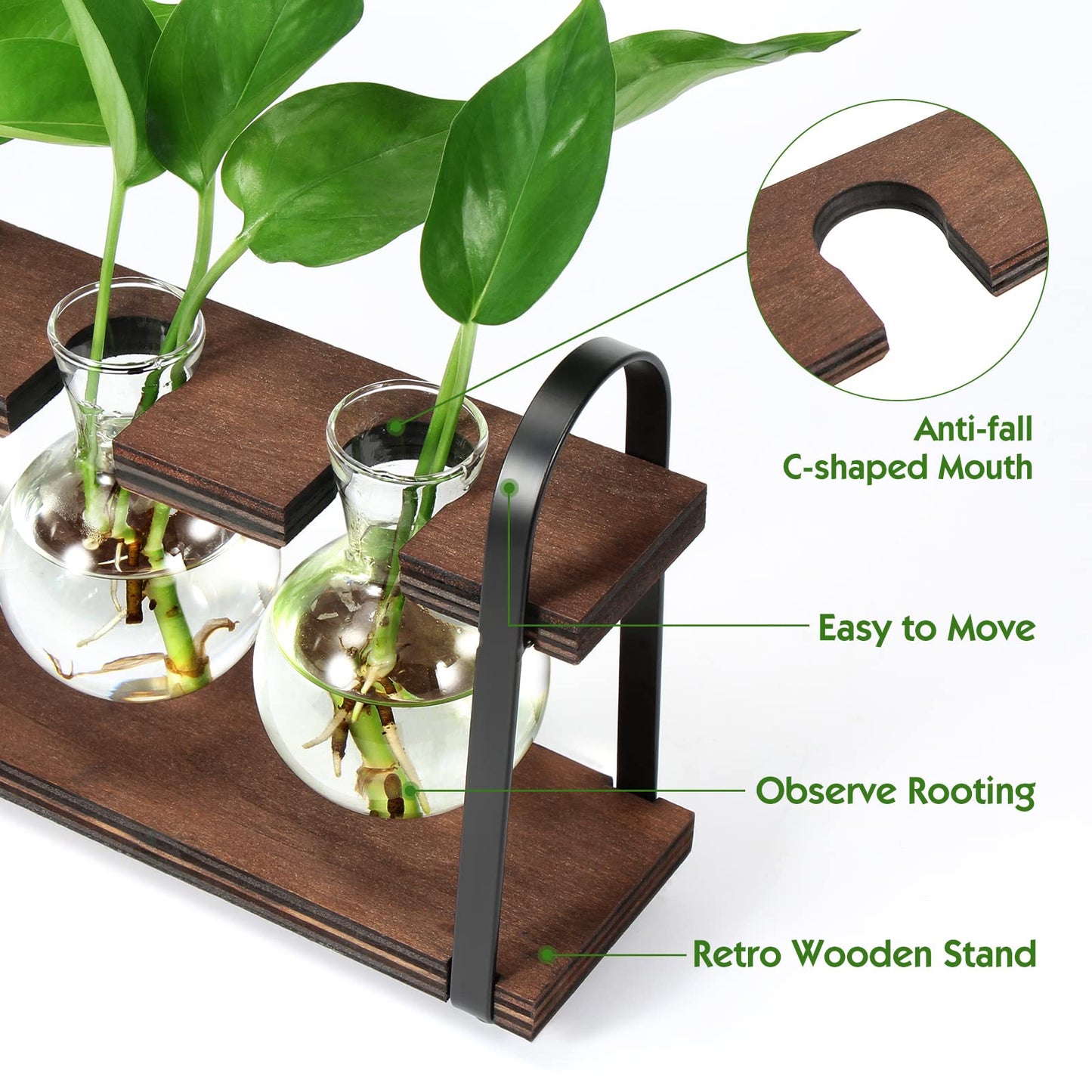 THYGIFTREE Estaciones de propagación de plantas con soporte de madera, jarrón retro de escritorio para flores hidropónicas de interior, maceta de vidrio de mesa, regalos de inauguración de la casa