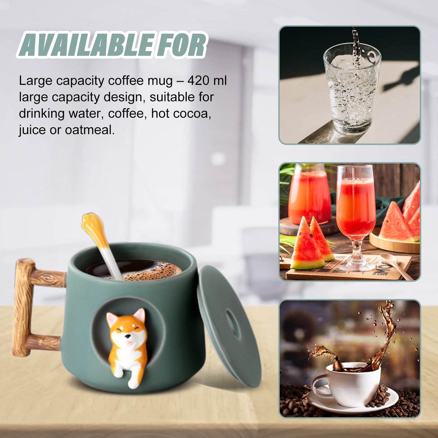 Nizirioo Taza café dulce Shiba Inu Taza café 420 ml Taza té de cerámica con tapa y cuchara Perros Cerámica Tazas café Lindo Corgi Dog Tazas café Taza de cerámica para amantes de los perros