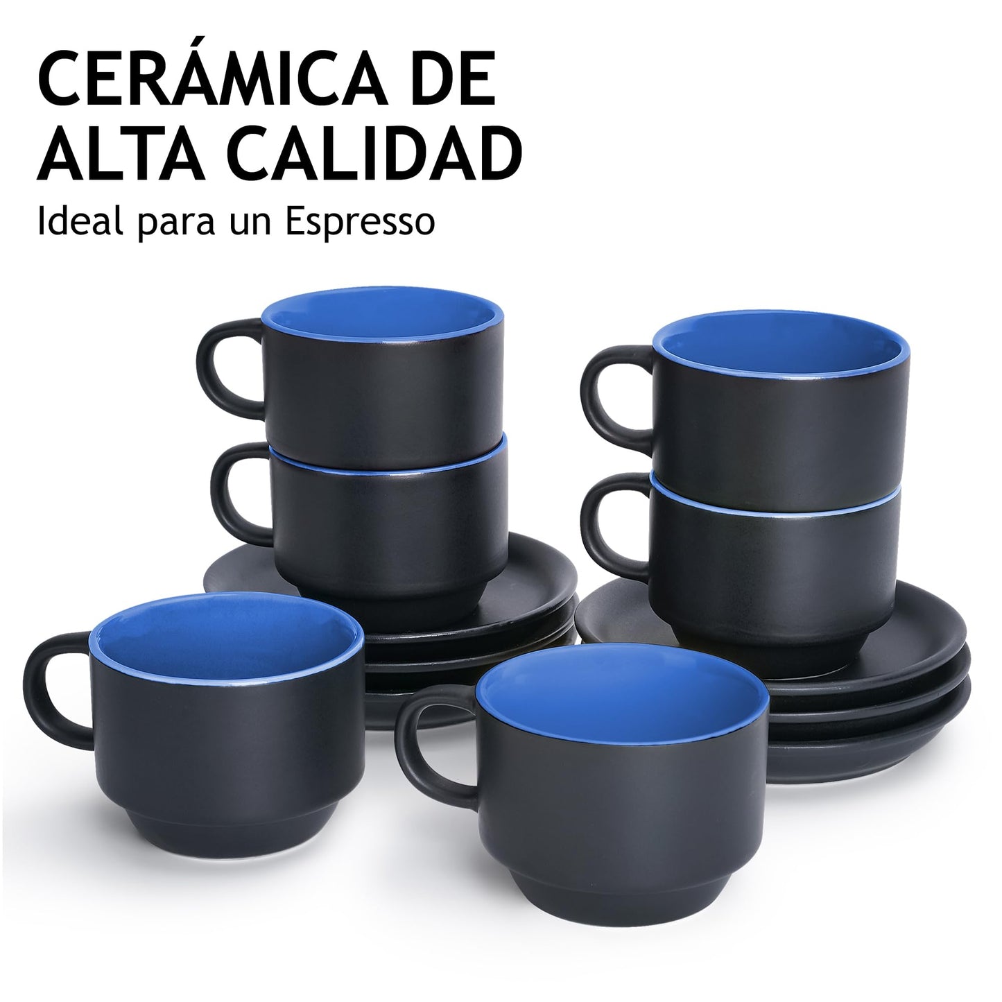 MIAMIO 6 x 75 ml Tazas Cafe Espresso De Cerámica de Gres - Juego De Tazas De Café con Plato - Le Papillon Colección (Azul)