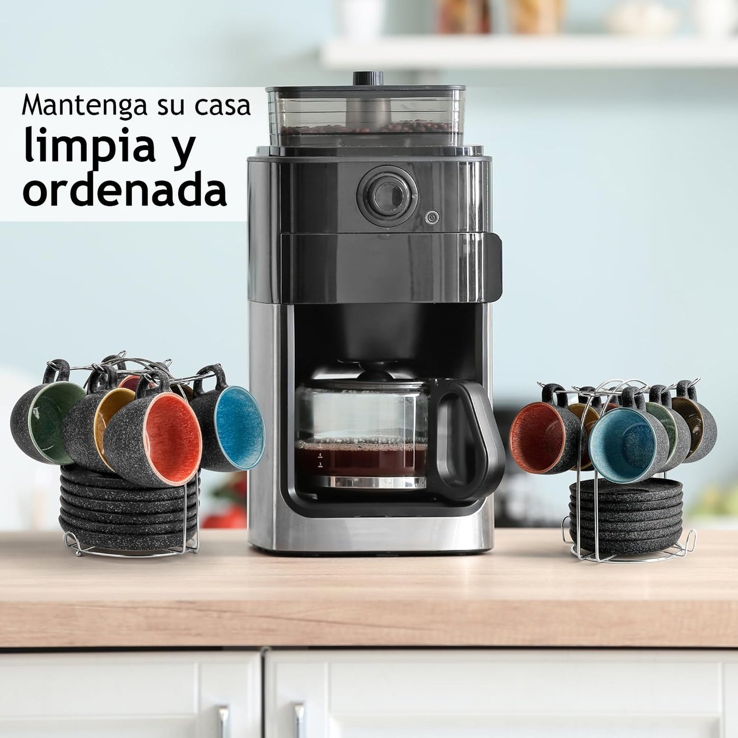 MIAMIO – 80 ml Tazas de Cerámica Apilables Espresso con Platos y Soporte de Metal, Juego de 6 Tazas Espresso, Tazas Demitasse, Tazas de Café para Espresso, Latte - Colección Las Palmitas