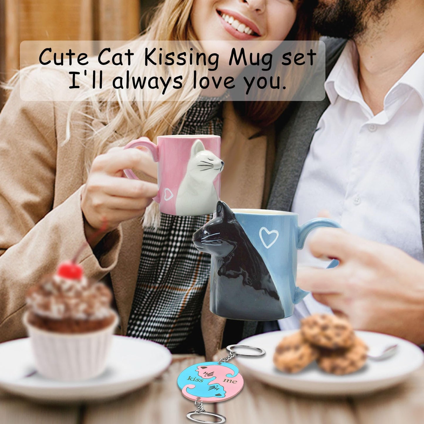 MengCat Gato Tazas de café par, conjunto de tazas de té de cerámica únicas, taza de boda para la novia y el novio,Beso Regalo a juego para aniversario, compromiso, día de San Valentín, cumpleaños