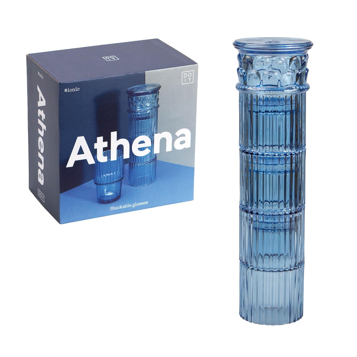 Doiy - Juego de Vasos de Cristal - Diseño de Columna Griega Clásica - Fabricados con Cristal - Vasos para Decorar Apilables - Apto para Lavavajillas -Color Azul - 9x9x29cm - 4 Unidades