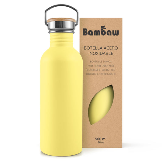 Bambaw Botella agua acero inoxidable 500ml No Térmica, Botella de agua amarilla, Botella agua niños, Botella agua gimnasio, Botella reutilizable – Amarillo girasol