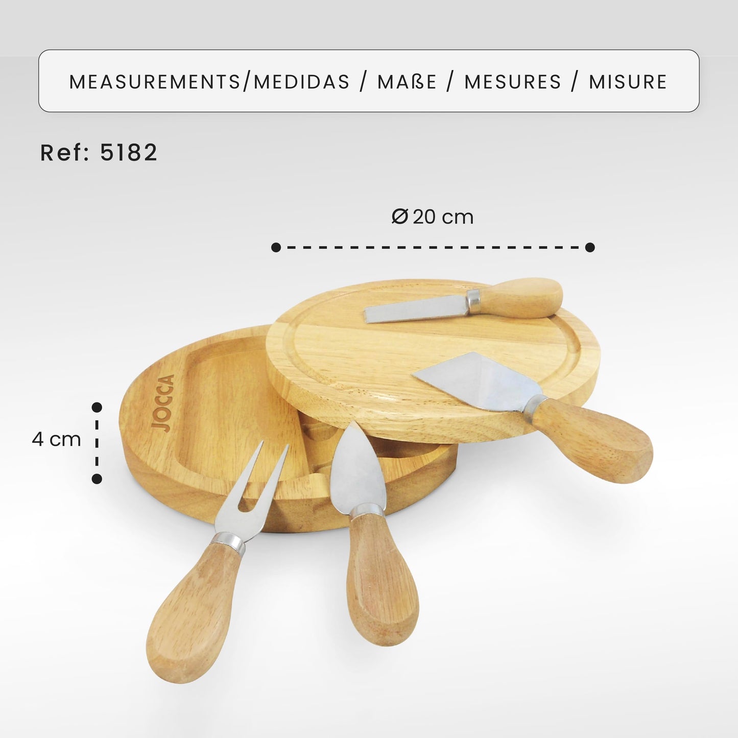 Jocca - Set Tabla de Quesos y Cuchillos | Tabla de Madera Quesos + Cuchillos para queso | 20cm | 4 cuchillos | Acero inoxidable | Ideal para Amigos, Familiares