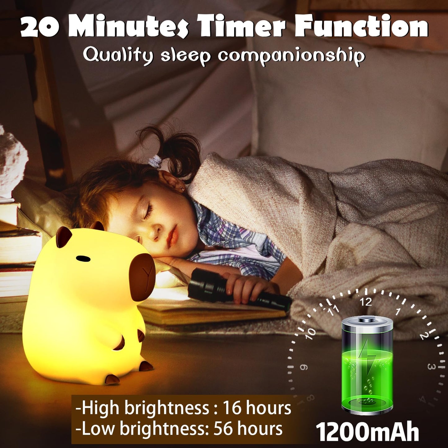 Capybara luz de la Noche los Niños, Capybara Lámpara de Control Táctil para la Mesita de Noche, Carga USB Kawaii Silicona Lámpara de Animales para el Dormitorio, Cuarto de Niños, Adultos (a)